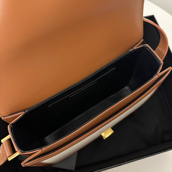 YSL Solferino Small Satchel Bag Brown Beige Gold Calfskin Canvas 339479