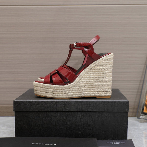 SL TRIBUTE WEDGE SANDALS BERRY POLISHED CALFSKIN