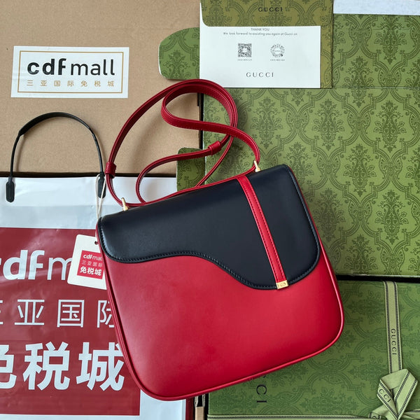 BORSA A TRACOLLA STILE EQUESTRE 21 IN PELLE DI VITELLO NERA E ROSSA CON FERRAMENTA ORO