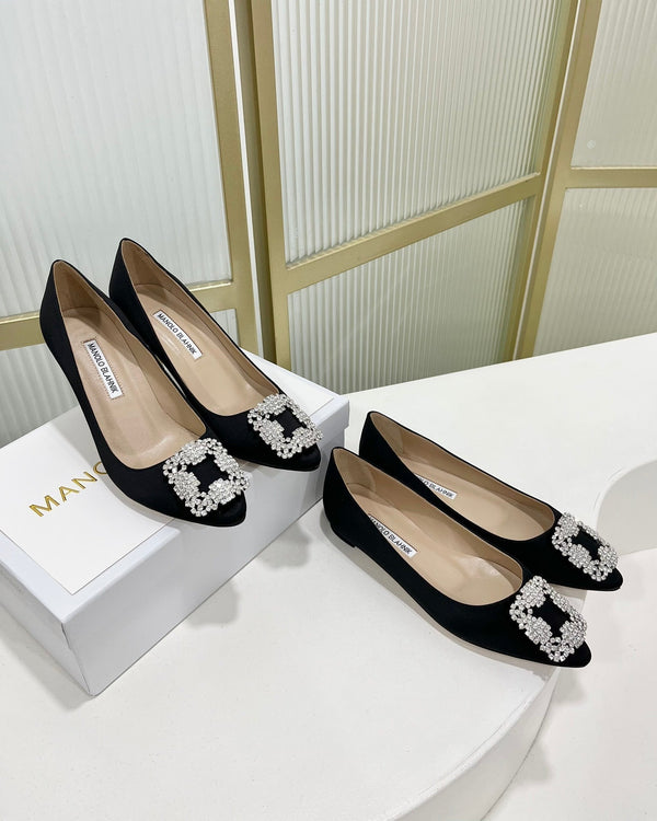 Manolo Hangisi Black Satin Jewel Buckle Pump 95
