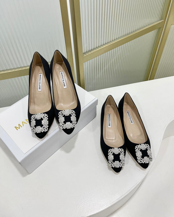 Manolo Hangisi Black Satin Jewel Buckle Pump 95