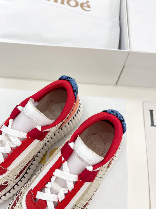 CHLOÉ NAMA SNEAKER IN CHERRY RED MIX COLORFUL SPECIAL FABRIC