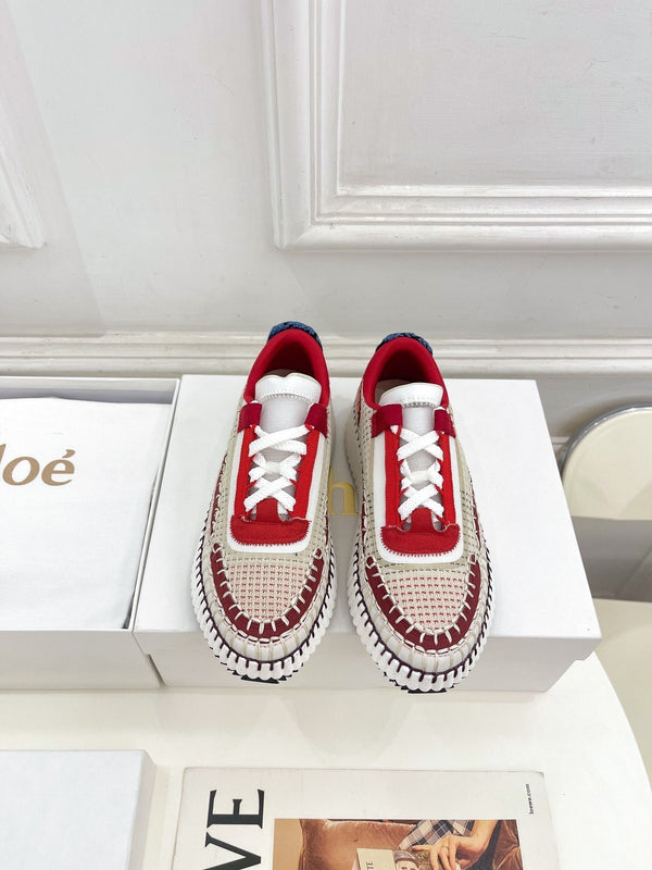 CHLOÉ NAMA SNEAKER IN CHERRY RED MIX COLORFUL SPECIAL FABRIC