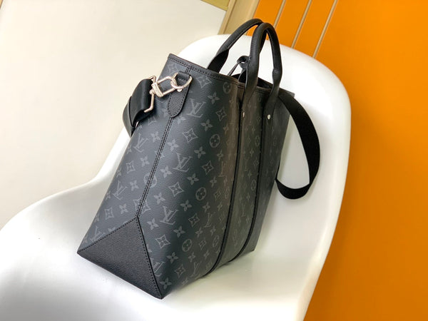 LV The Weekend Tote Bag 43cm Black Monogram Canvas & Taïga Leather