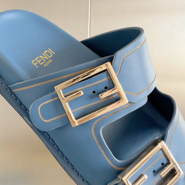 FENDI BAGUETTE DAD SANDALS IN CERULEAN BLUE CALFSKIN