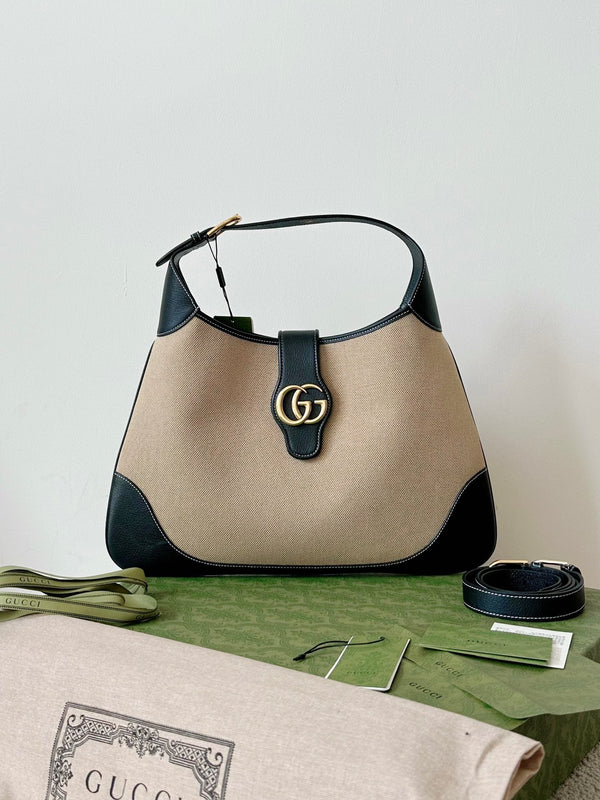 BORSA GRANDE APHRODITE 47 IN TELA BEIGE E PELLE DI VITELLO NERA