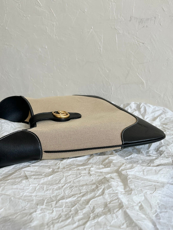 BORSA GRANDE APHRODITE 47 IN TELA BEIGE E PELLE DI VITELLO NERA