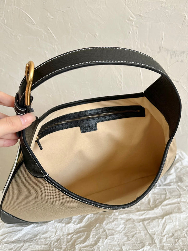 BORSA GRANDE APHRODITE 47 IN TELA BEIGE E PELLE DI VITELLO NERA