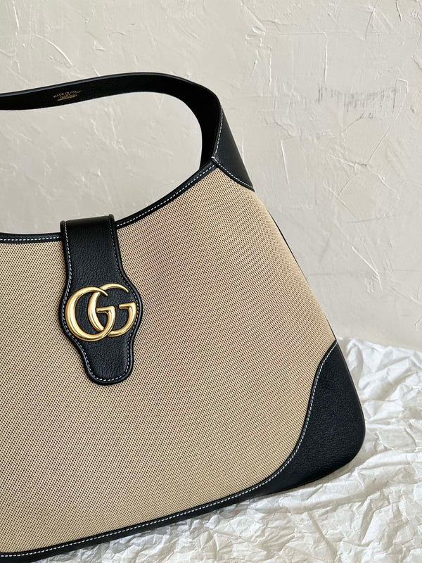 BORSA GRANDE APHRODITE 47 IN TELA BEIGE E PELLE DI VITELLO NERA