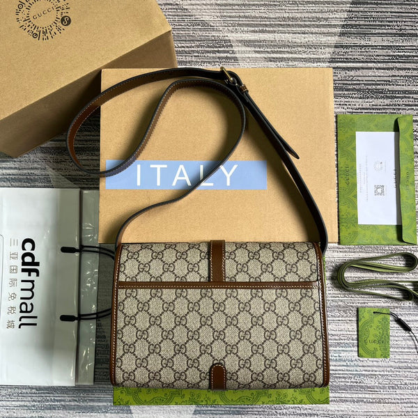 BORSA MESSENGER 25 IN TELA BEIGE E PELLE DI VITELLO MARRONE