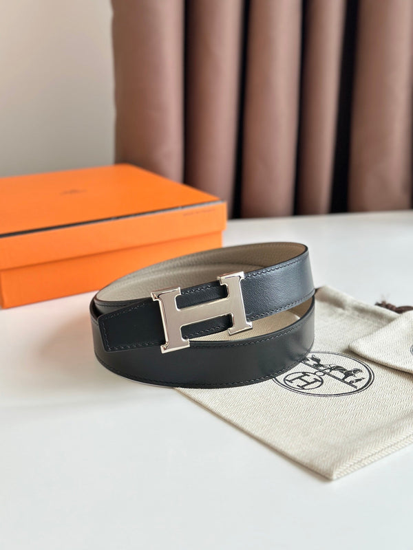 Cintura reversibile con fibbia H in argento HM da 32 mm, in pelle nera mista beige 124653