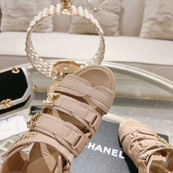 cc slingback sandal tripe strap beige canvas calfskin