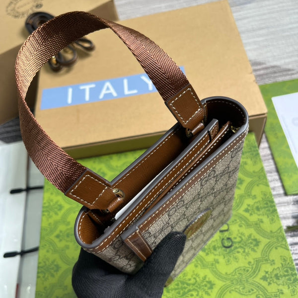 POCHETTE CON CHIUSURA GG 20 IN TELA BEIGE E PELLE DI VITELLO MARRONE