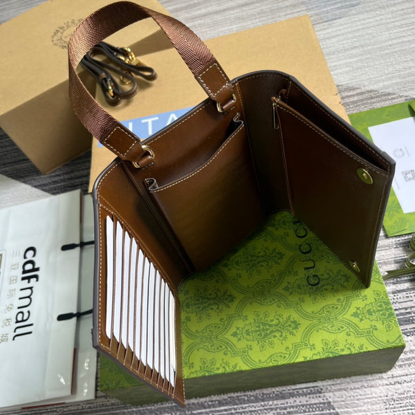 POCHETTE CON CHIUSURA GG 20 IN TELA BEIGE E PELLE DI VITELLO MARRONE