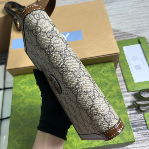 POCHETTE CON CHIUSURA GG 20 IN TELA BEIGE E PELLE DI VITELLO MARRONE