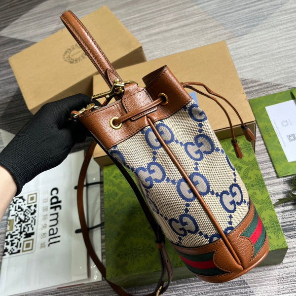 BORSA A SECCHIELLO GG OPHIDIA SMALL 26 IN TELA BEIGE E PELLE DI VITELLO MARRONE