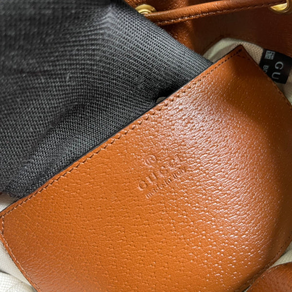 BORSA A SECCHIELLO GG OPHIDIA SMALL 26 IN TELA BEIGE E PELLE DI VITELLO MARRONE