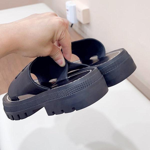 LEA TRIOMPHE PLATFORM SLIDES WOMEN VEGETABLE TANNED CALFSKIN BLACK