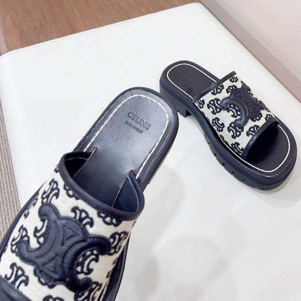 LEA TRIOMPHE PLATFORM SLIDES WOMEN VEGETABLE TANNED CALFSKIN BLACK/WHITE