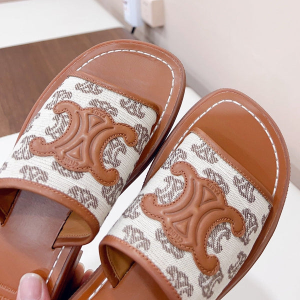 LEA TRIOMPHE PLATFORM SLIDES WOMEN VEGETABLE TANNED CALFSKIN BROWN/WHITE