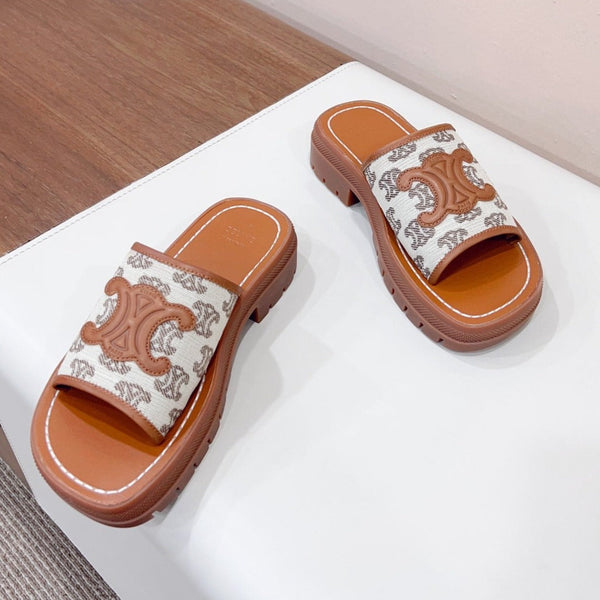 LEA TRIOMPHE PLATFORM SLIDES WOMEN VEGETABLE TANNED CALFSKIN BROWN/WHITE