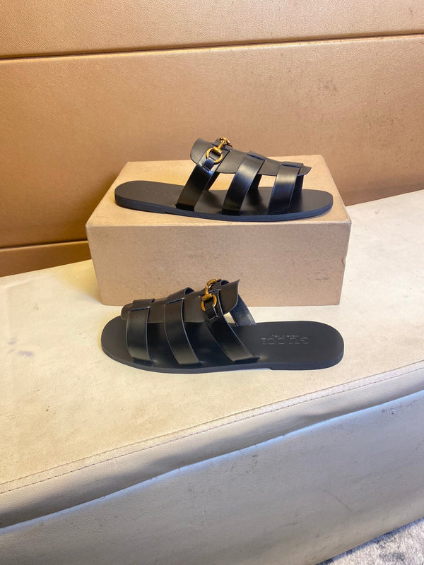 GG Men's Sandals Slide Black Green Cowhide