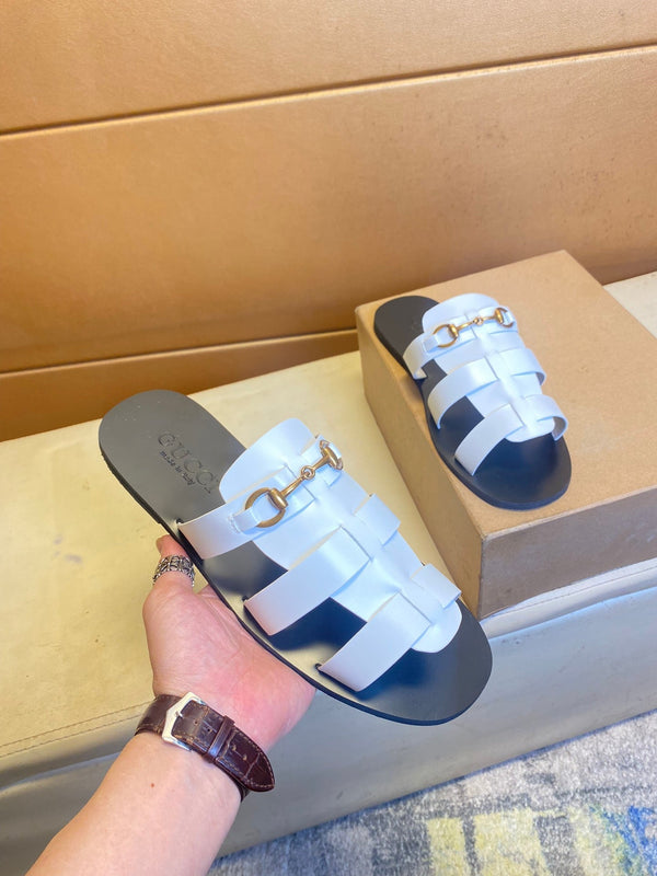 GG Men's Sandals Slide White Cowhide 724697