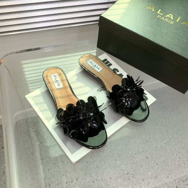 Alaia 25 Flower Slippers Glossy Black Sheepskin 293160