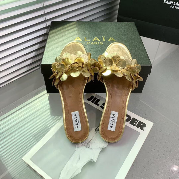 Alaia 25 Flower Slippers Gold Sheepskin 293162