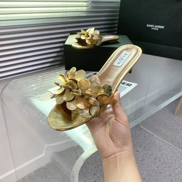 Alaia 25 Flower Slippers Gold Sheepskin 293162