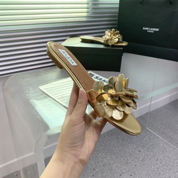 Alaia 25 Flower Slippers Gold Sheepskin 293162