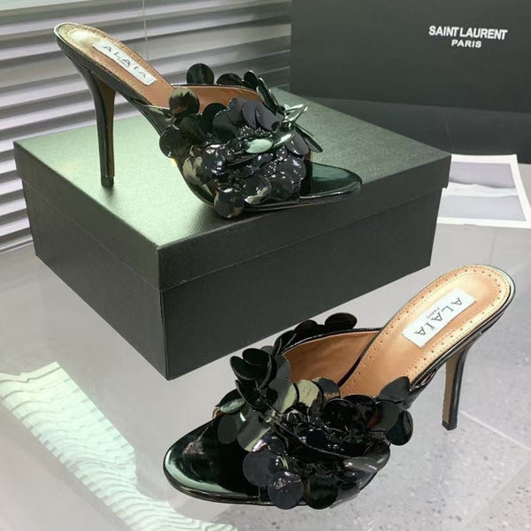 Alaia Confetti Leather Mules Glossy Black Sheepskin Cowhide 293163