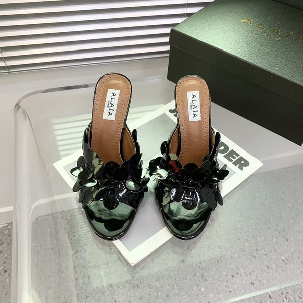 Alaia Confetti Leather Mules Glossy Black Sheepskin Cowhide 293163