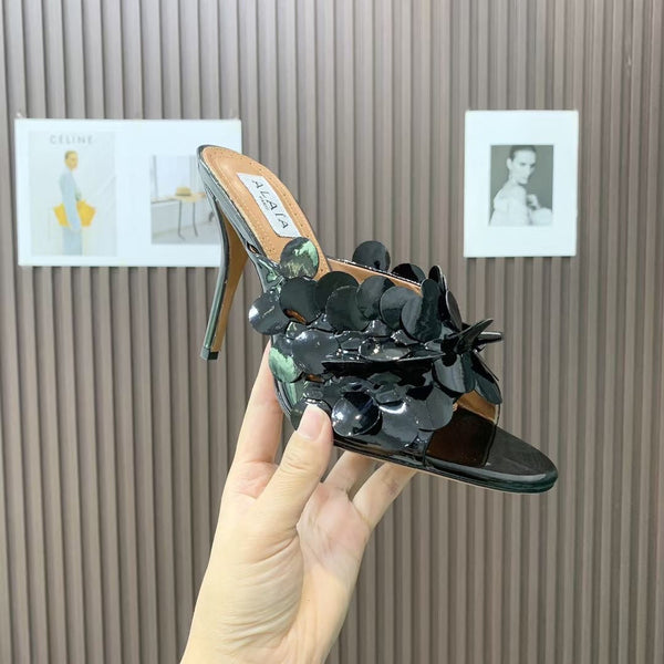 Alaia Confetti Leather Mules Glossy Black Sheepskin Cowhide 293163