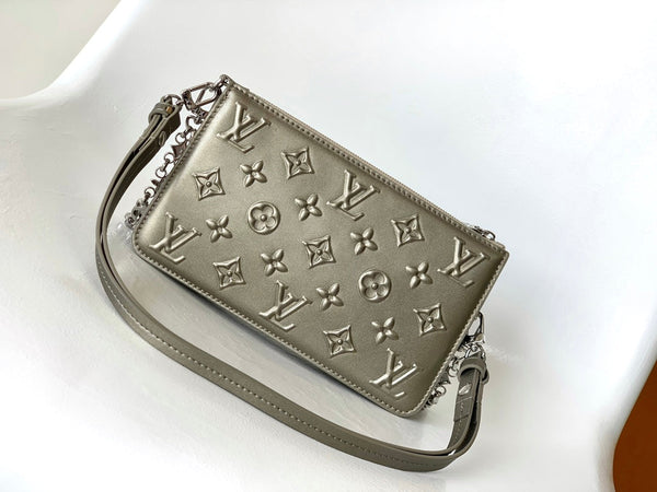LV Lexington Pochette Shoulder Bag 21.5 Metallic Sliver Monogram Embossed Cafskin