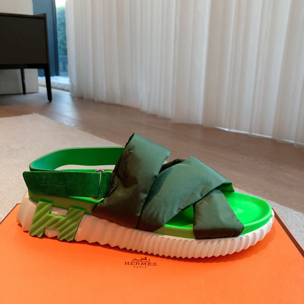 HM ELECTRIC SANDAL DARK GREEN FABRIC AND CALFSKIN