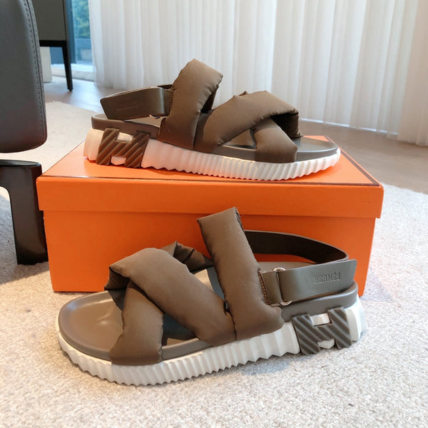 HM ELECTRIC SANDAL BROWN FABRIC AND CALFSKIN