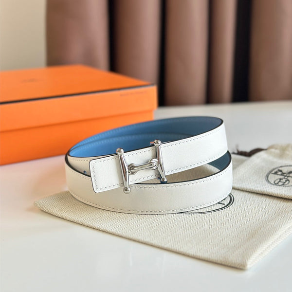 Fibbia HM Silver Mors H e cintura reversibile da 24 mm in pelle blu bianca 125360