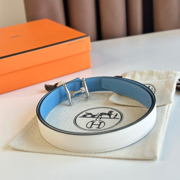 Fibbia HM Silver Mors H e cintura reversibile da 24 mm in pelle blu bianca 125360