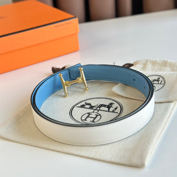 HM Gold Mors H buckle & Reversible 24 mm belt Blue White leather 125359