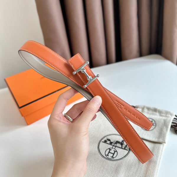 Fibbia HM Silver Mors H e cintura reversibile da 24 mm in pelle arancione beige 125356