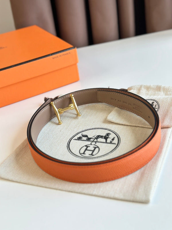 Fibbia HM Gold Mors H e cintura reversibile da 24 mm in pelle arancione beige 125355