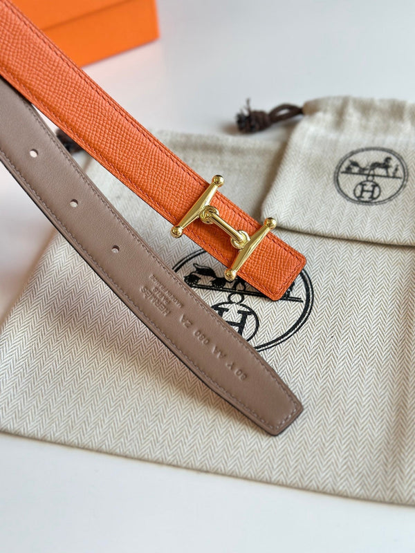 Fibbia HM Gold Mors H e cintura reversibile da 24 mm in pelle arancione beige 125355