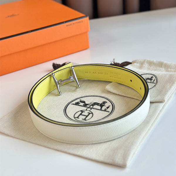 Fibbia HM Silver Mors H e cintura reversibile da 24 mm in pelle giallo beige 125367