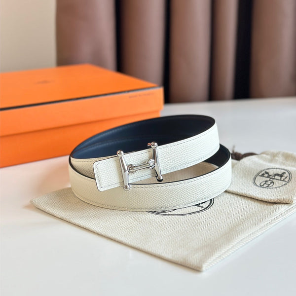 HM Silver Mors H buckle & Reversible 24 mm belt Blue Beige leather 125369