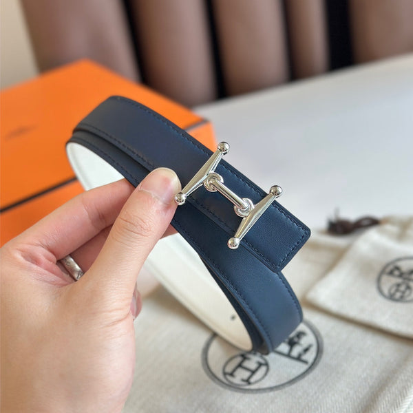 HM Silver Mors H buckle & Reversible 24 mm belt Blue Beige leather 125369