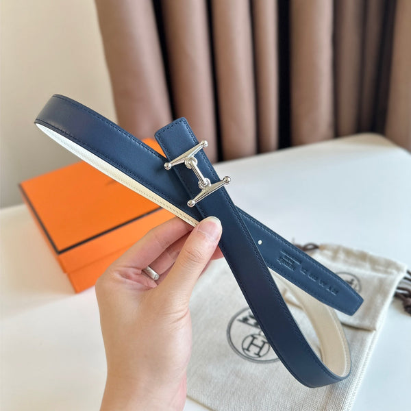 HM Silver Mors H buckle & Reversible 24 mm belt Blue Beige leather 125369