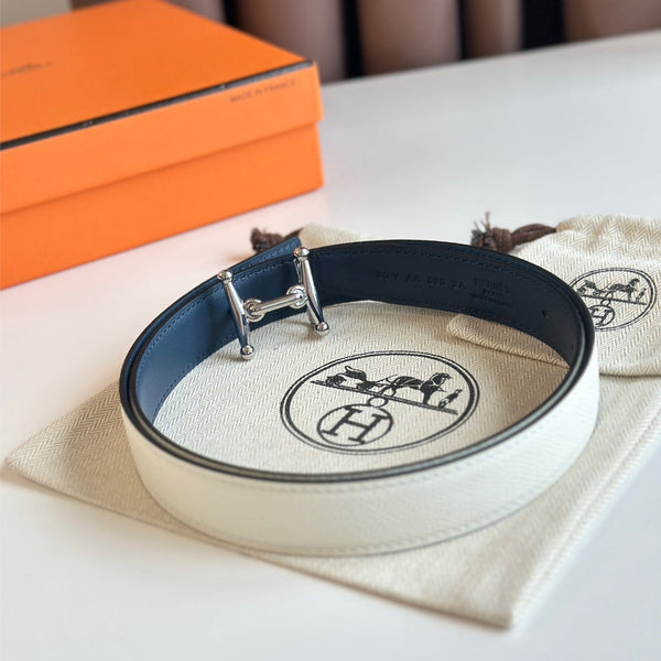 HM Silver Mors H buckle & Reversible 24 mm belt Blue Beige leather 125369