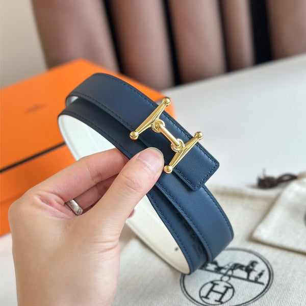 HM Gold Mors H buckle & Reversible 24 mm belt Blue Beige leather 125365