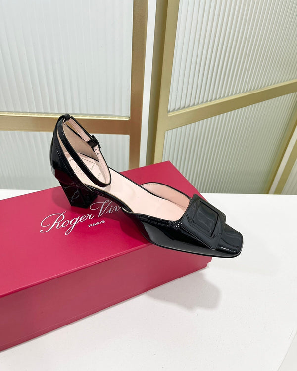 Trompette Metal Buckle Slingback Pump 45 Black Patent Leather